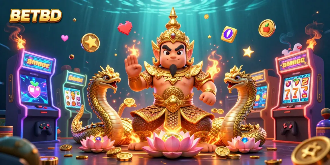 Experience the excitement of BETBD with vibrant slot elements amidst dynamic 3D casino characters.