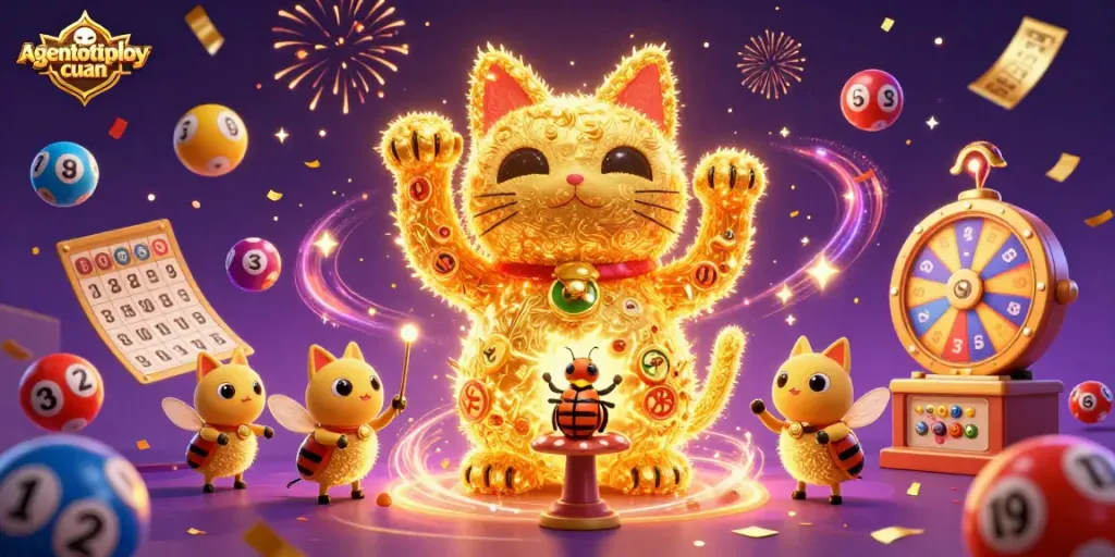 Engage with exciting gaming moments at agentotoplaycuan amidst colorful lottery elements and a vibrant lucky cat scene.