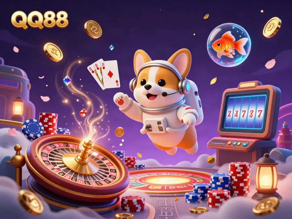 Experience thrilling gameplay with QQ88 amidst vibrant casino excitement in zero gravity.