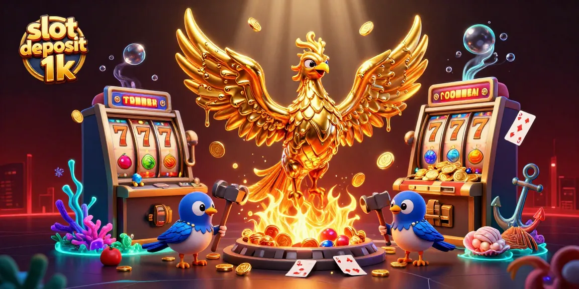 Slot deposit 1k dengan phoenix emas dan mesin slot menampilkan simbol berbunga.