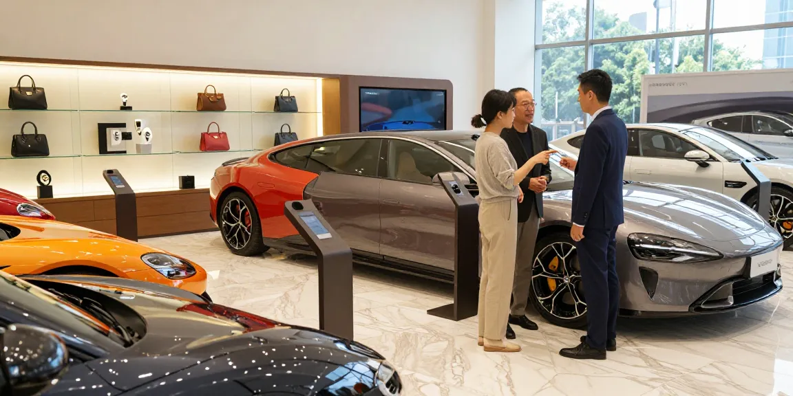 Interior showroom dengan mobil-mobil mewah LUXURY 777 yang berkilau dan suasana elegan untuk pengalaman otomotif premium.