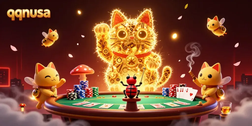 Engage with qqnusa's dynamic illustration of a lucky cat and vibrant casino elements.