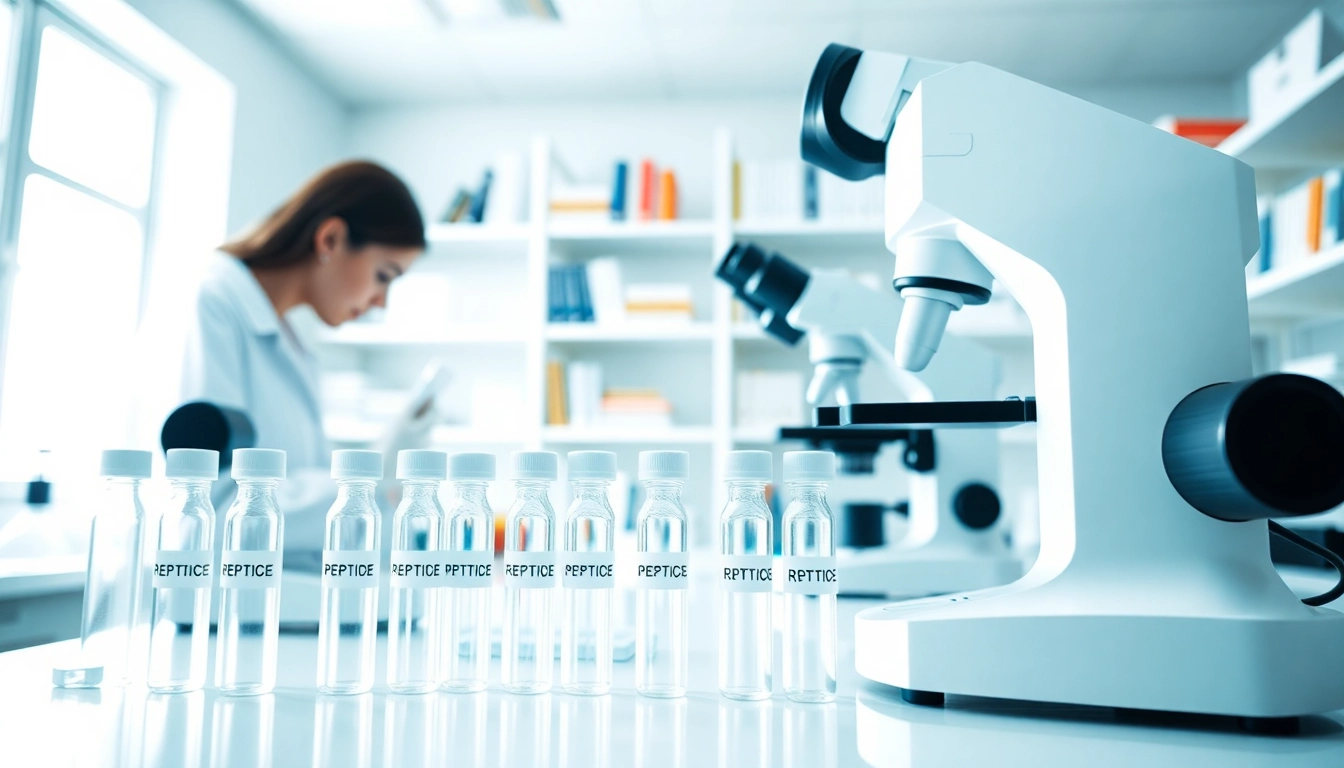 Buy research peptides with a scientist examining vials in a professional laboratory setting.
