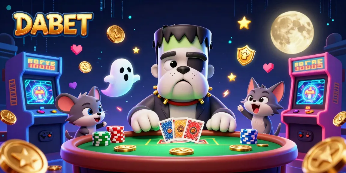 DABET casino image featuring a monster dealer and mystical characters around a gaming table with vibrant visuals.