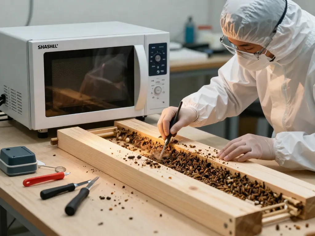 SHASHEL® technician using microwave treatment for woodworm elimination in a professional workshop.