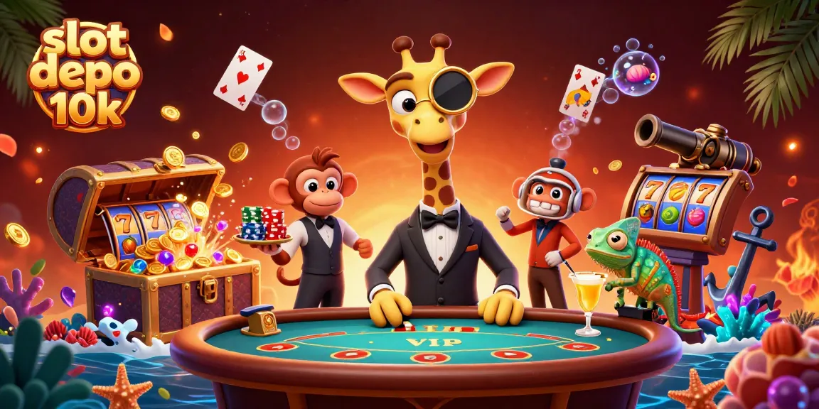 Permainan slot depo 10k mempersembahkan visual ceria dengan jerapah dan monyet di meja poker.