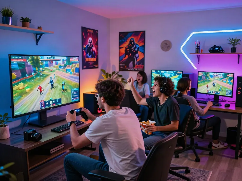 Kelompok teman bermain game diana4d dengan semangat, dikelilingi lampu LED warna-warni dan suasana energik.