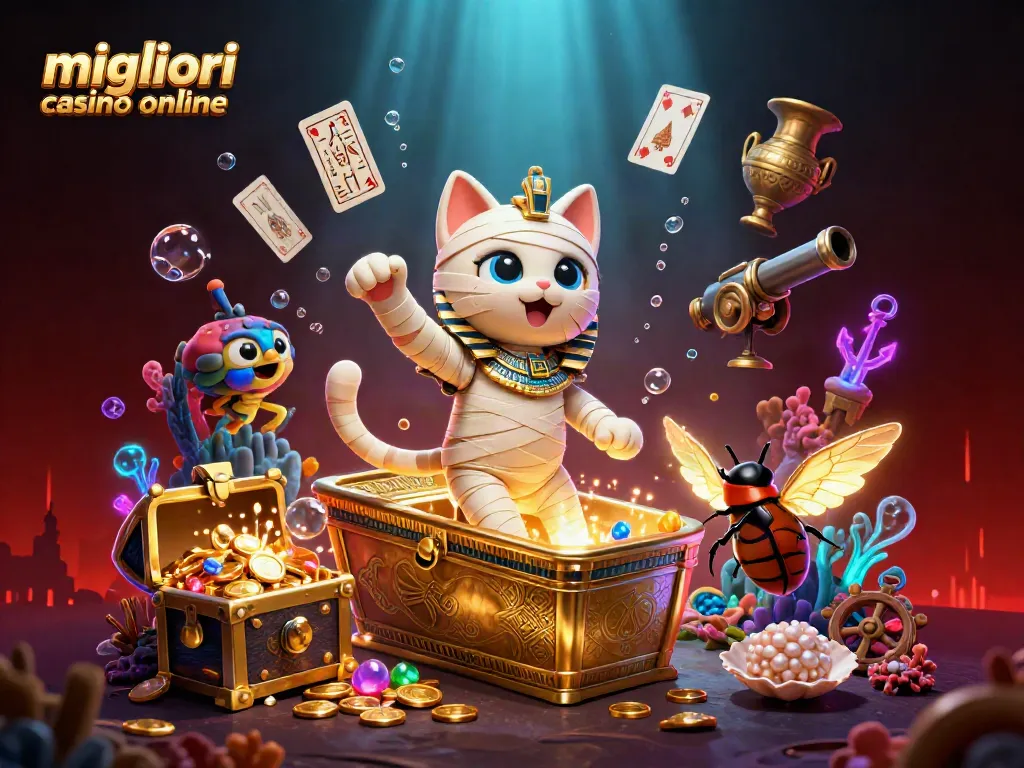 I migliori casino online offrono avventure uniche in un'illustrazione 3D di un gatto mummificato egiziano nel suo sarcofago.