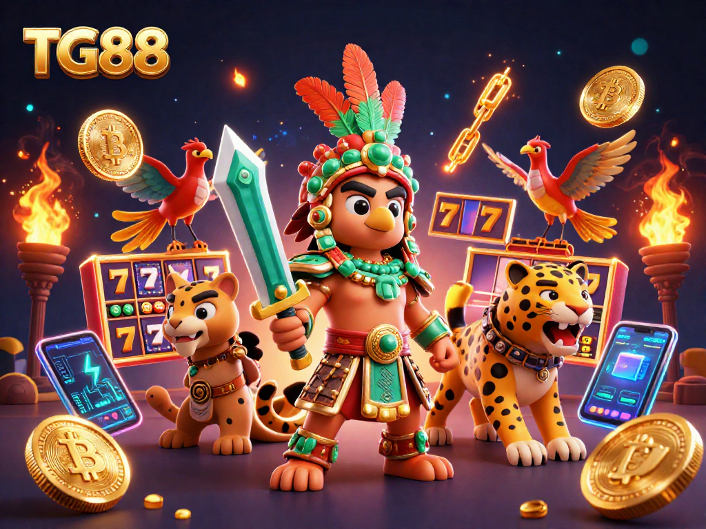 Place bets on TG88 with a dynamic Aztec warrior scene featuring slot reels and jackpot excitement.