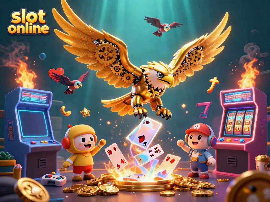 Engage with exciting slot online games featuring a dynamic 3D eagle and vibrant gaming elements.