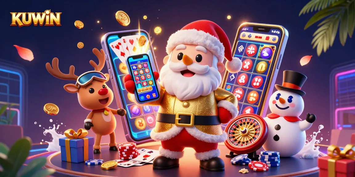 Spin jackpots with KUWIN's exciting slots in a vibrant casino scene featuring Santa and friends.