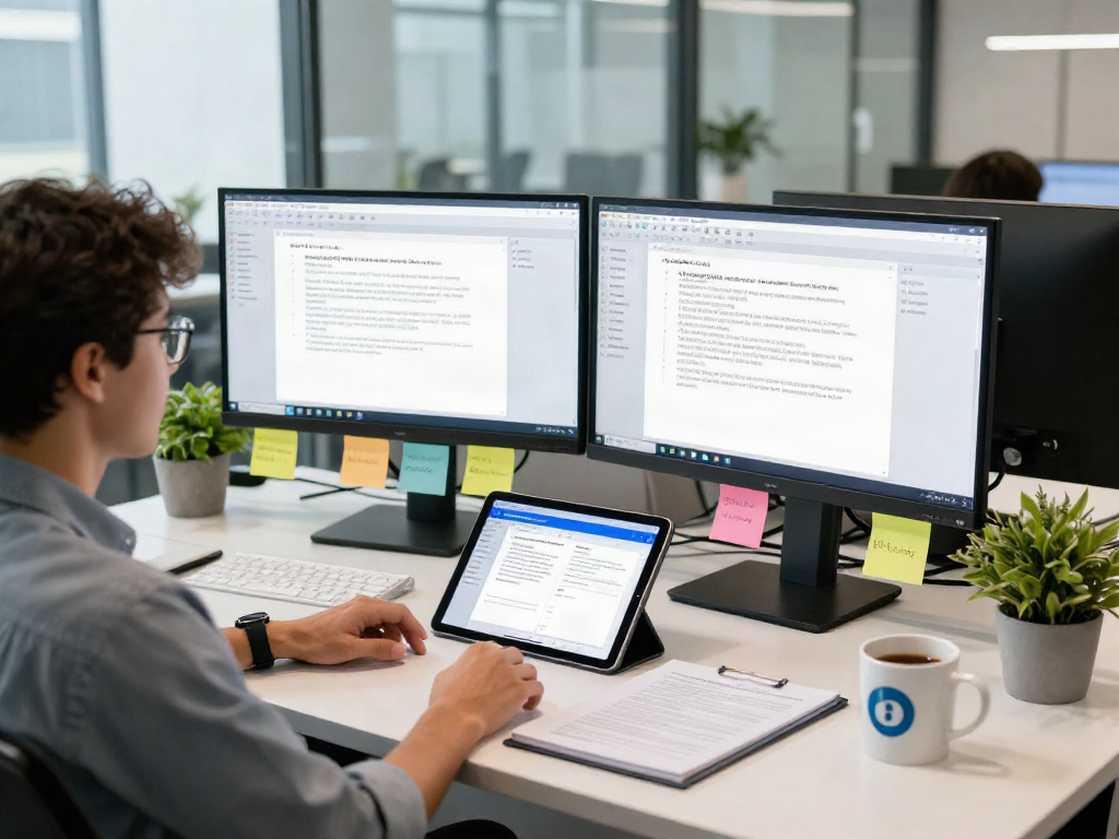 Data analyst using document fraud detection software in a modern office environment.