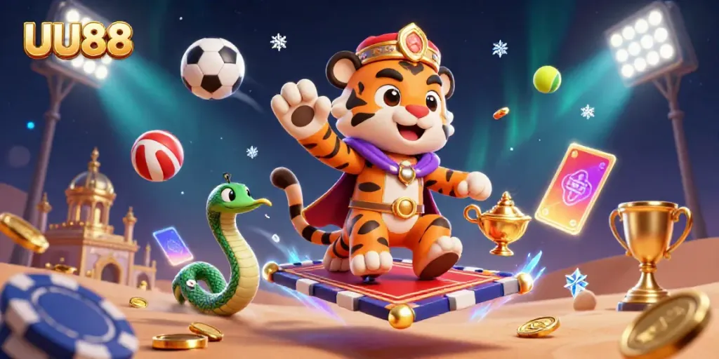 Bet on thrilling games with UU88 in this vibrant casino illustration showcasing dynamic sports elements.