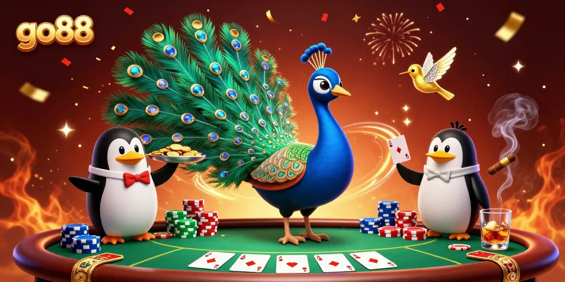 Experience the thrilling atmosphere of go88 as a peacock displays its feathers amidst vibrant poker action.