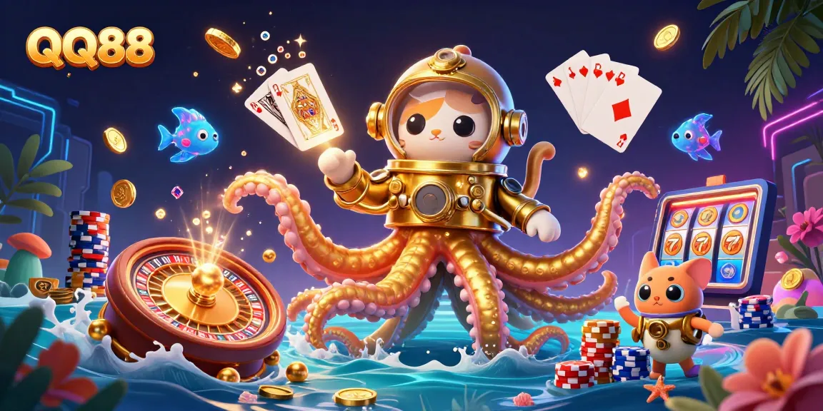 Engage in winning strategies at QQ88 with a colorful casino adventure featuring a kraken, diving cat, and game elements.