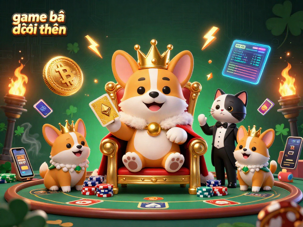 Experience the excitement of game bài đổi thưởng with vibrant 3D casino characters amidst glowing crypto elements.