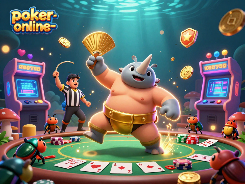 Engage in exciting poker play with poker-online-now featuring vibrant 3D artwork of beetle champions.