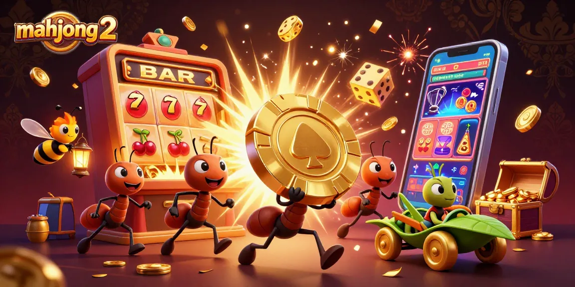 Experience thrilling mahjong 2 action with a cartoon ant heist scene amidst vibrant casino elements.