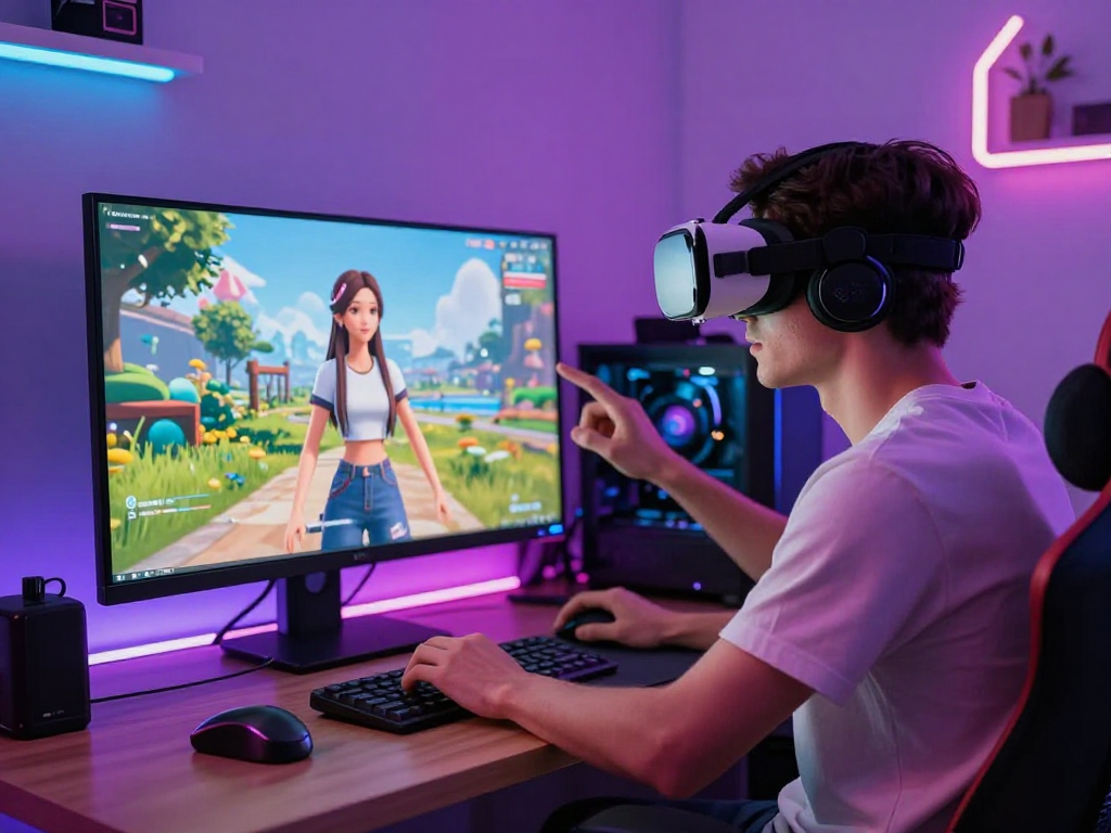 Engaging scene of a young man with an nsfw ai girlfriend in a vibrant digital gaming environment.