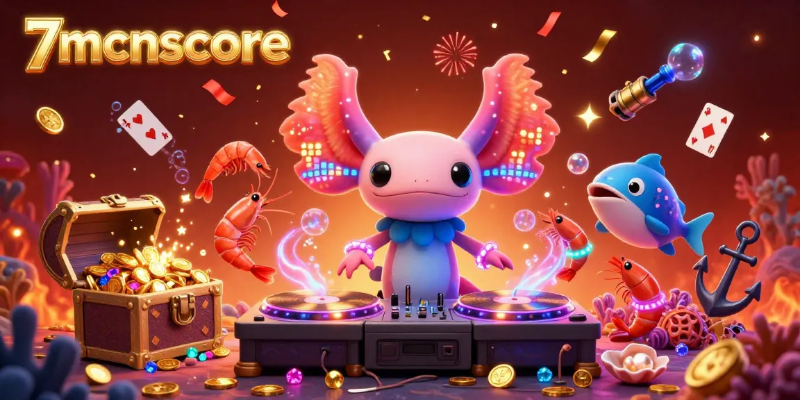 Engage with 7mcnscore's casino world featuring vibrant axolotl DJ and underwater treasures.