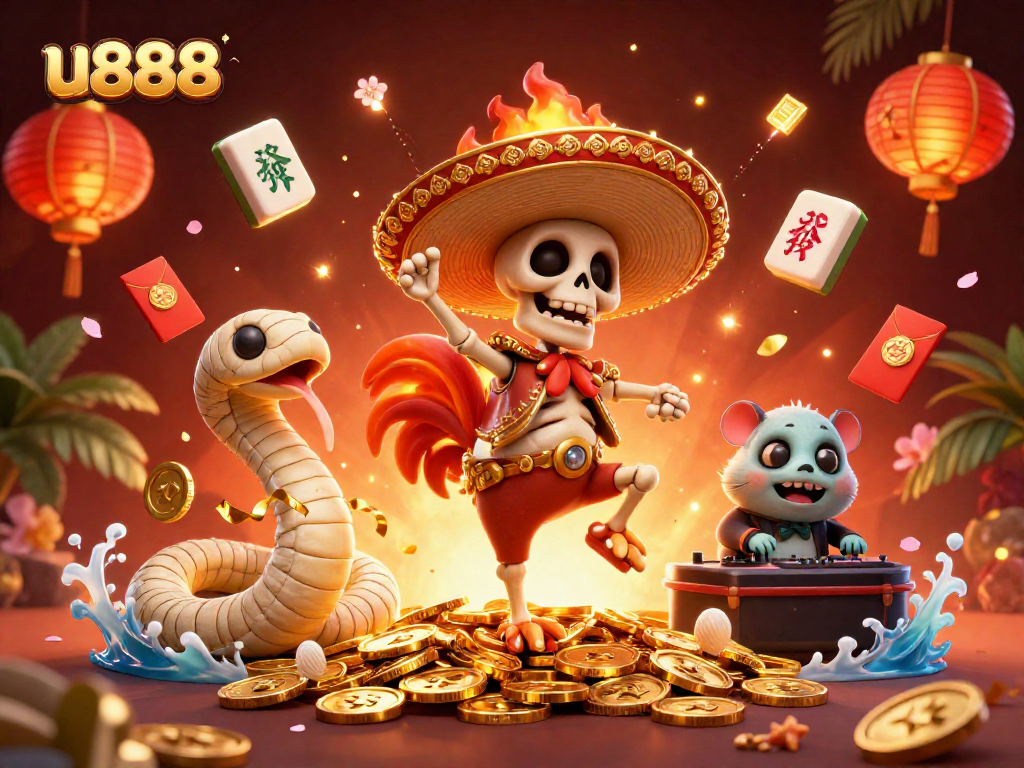 Experience the thrill of u888 as a mariachi rooster dances on golden coins amidst vibrant casino elements.