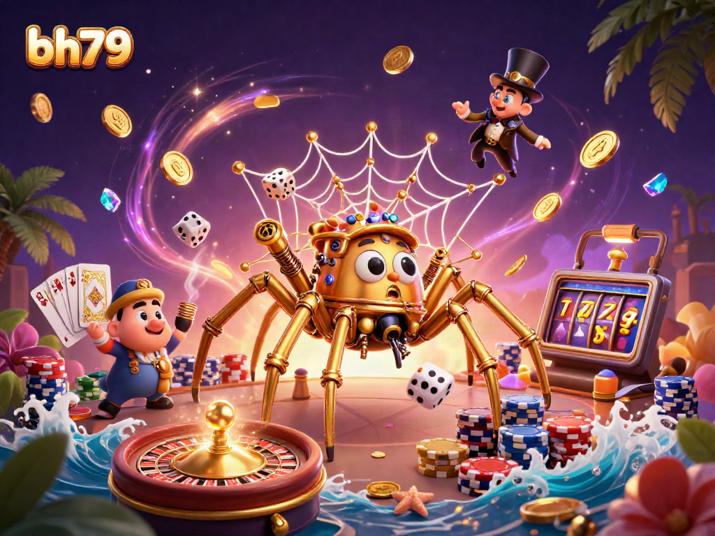 Interact with the captivating bh79 online casino scene featuring golden spider and lively game elements.