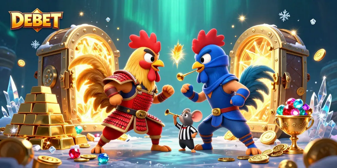 Battle between DEBET-themed cartoon roosters amid gold treasures in an enchanting casino scene.