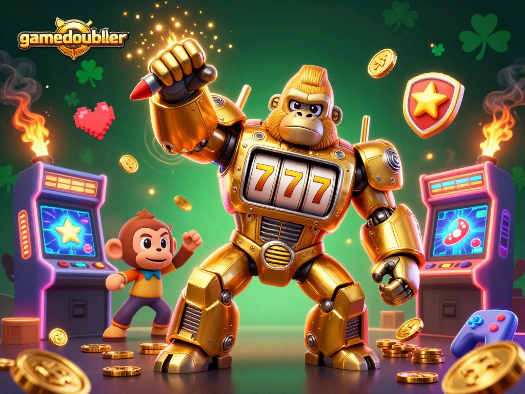 Experience gamedoubler with a vibrant 3D illustration of a golden gorilla mech amidst casino elements.