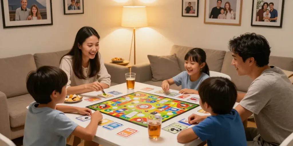 Family enjoying board games together for a fun evening, featuring vibrant game pieces and laughter.