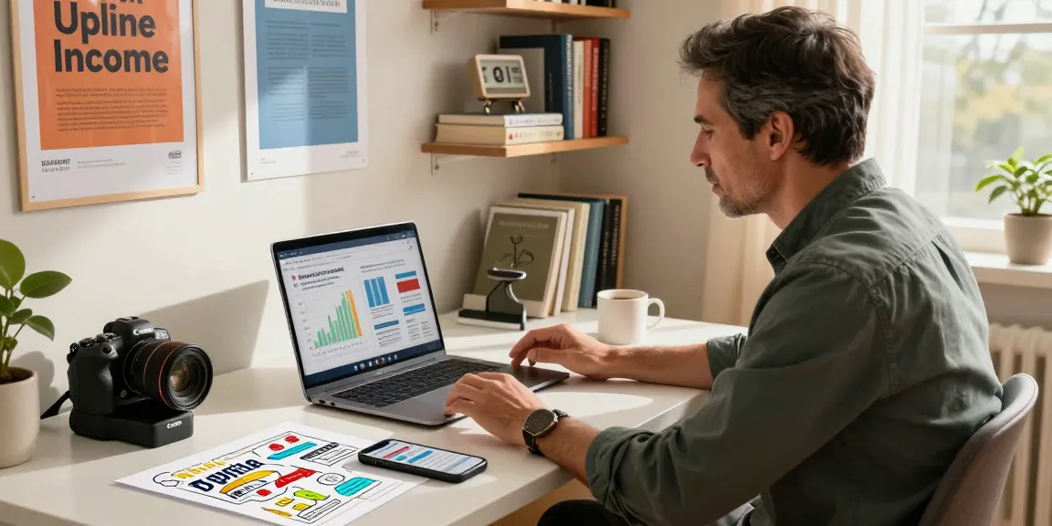 Successful online marketing entrepreneur at home office discussing strategies for Upline Income on XPAY33 official site