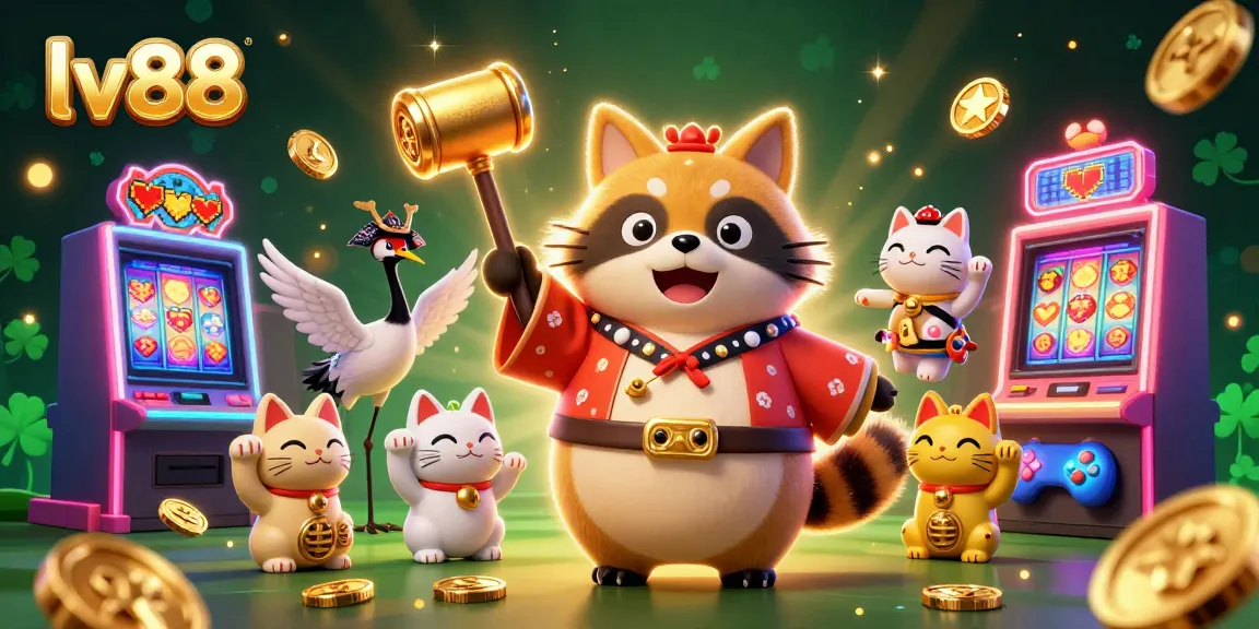 Engage with lv88's vibrant slot gaming scene featuring a cheerful tanuki character and lucky symbols.