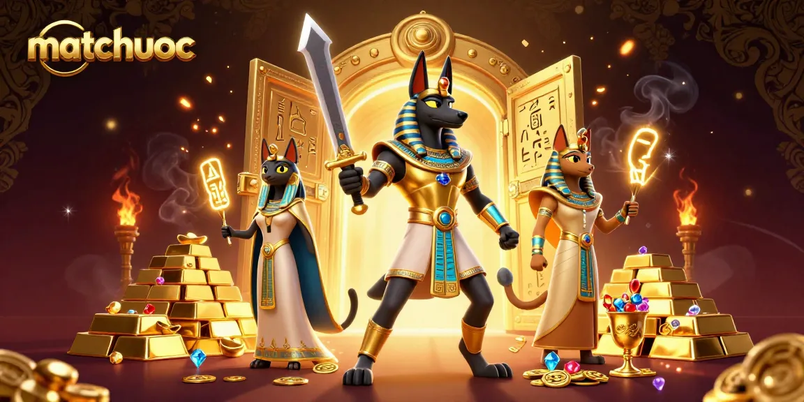 Play exciting games at matchuoc with Anubis and Bastet surrounded by treasure and glowing hieroglyphs.