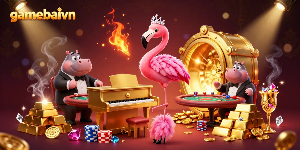Engage with gamebaivn's vibrant poker scene featuring a flamingo singer and hippo bassist amidst golden treasures.