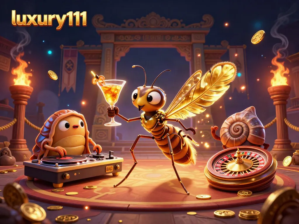 Experience luxury111 with a vibrant casino mascot enjoying a golden cocktail amidst immersive gaming elements.