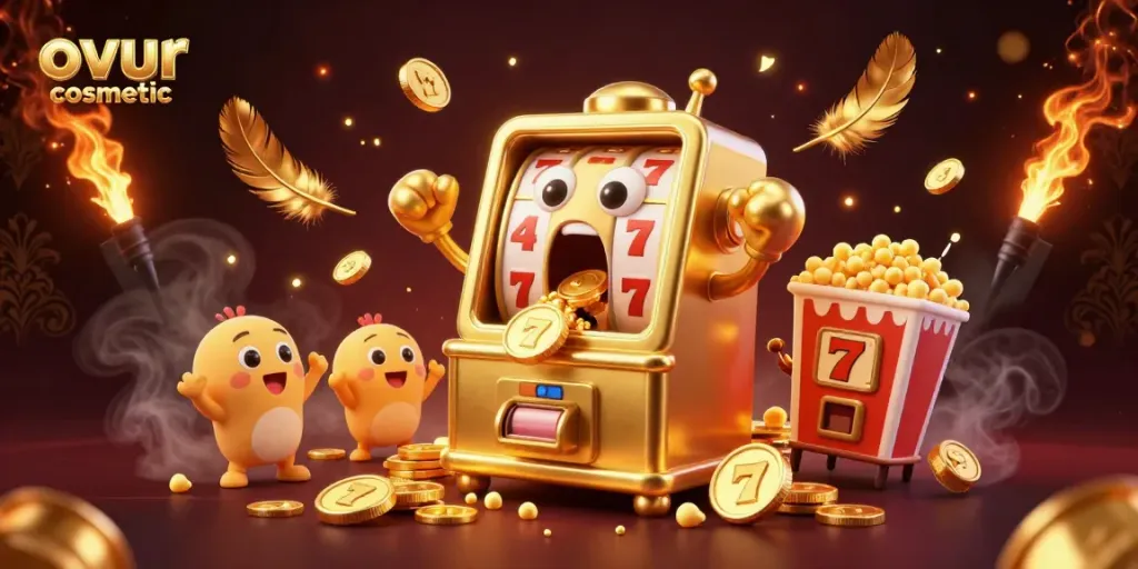 Spin to win with ovur cosmetic in a vibrant casino scene showcasing a golden slot machine hitting jackpots.