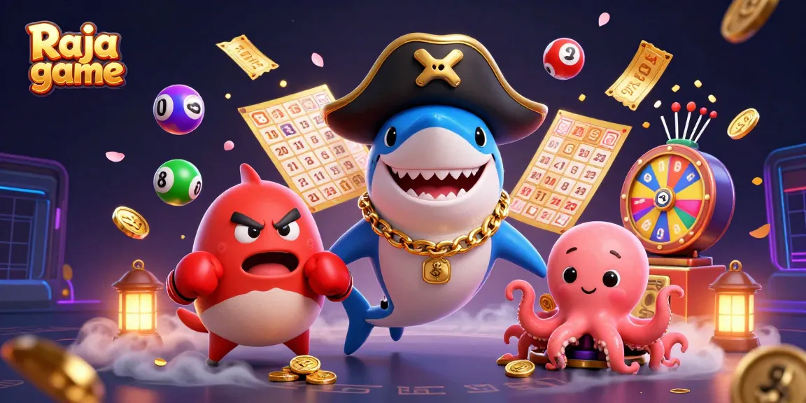 Engage in the thrilling Raja game experience through 3D illustration showcasing dynamic gambling elements and characters.