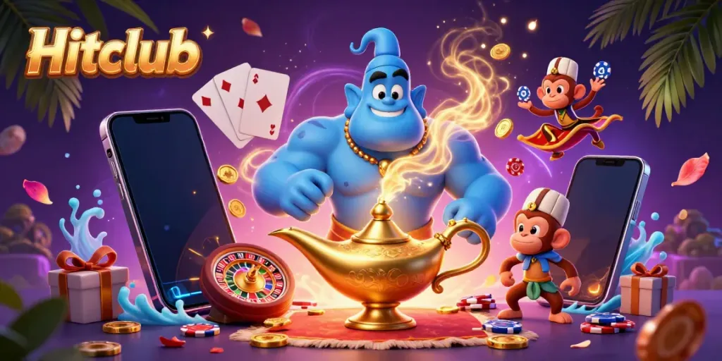 Win at Hitclub with magical casino adventures illustrated in a vibrant 3D scene.