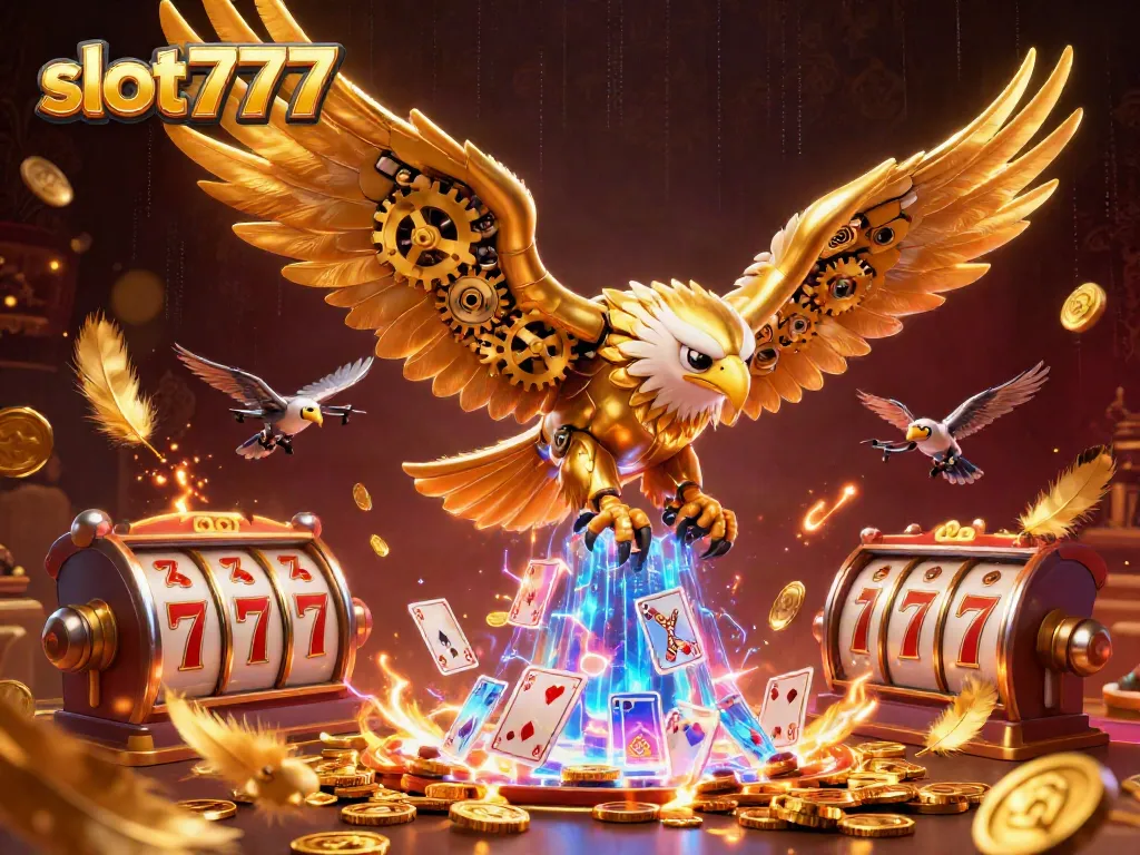Slot777 menghadirkan slot virtual berkilauan dan rongsokan emas dalam ilustrasi kasino yang megah.