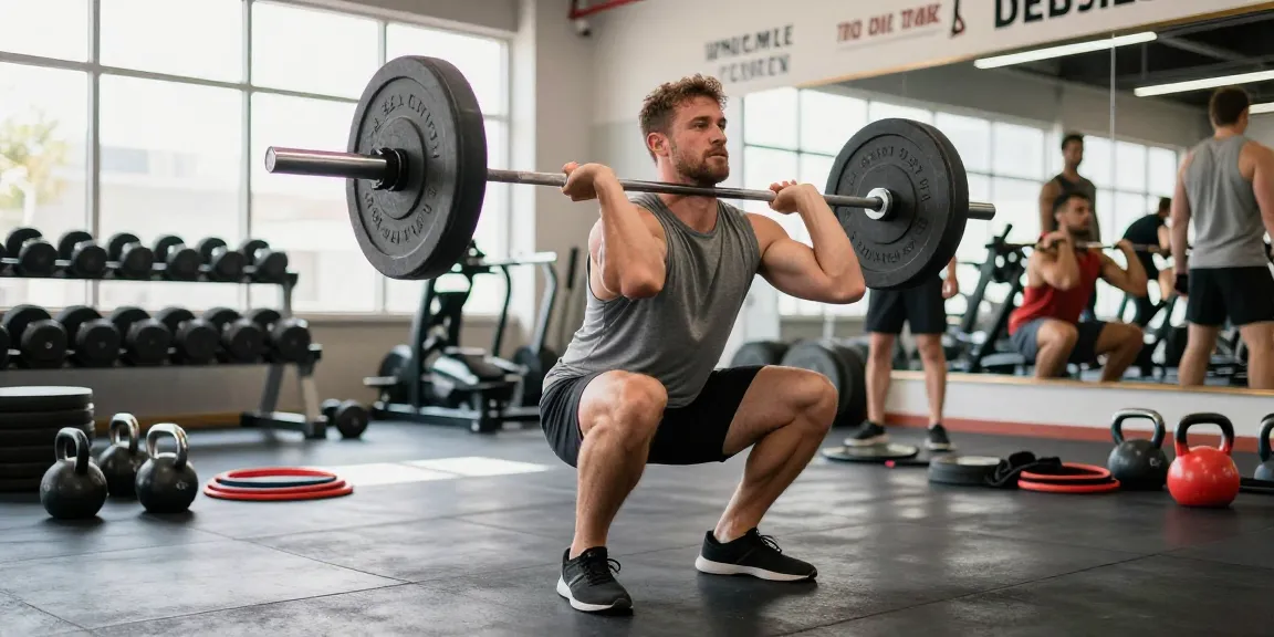 Bodybuilder at Steroid Shop gym performing squats with barbell, surrounded by fitness equipment and natural light.
