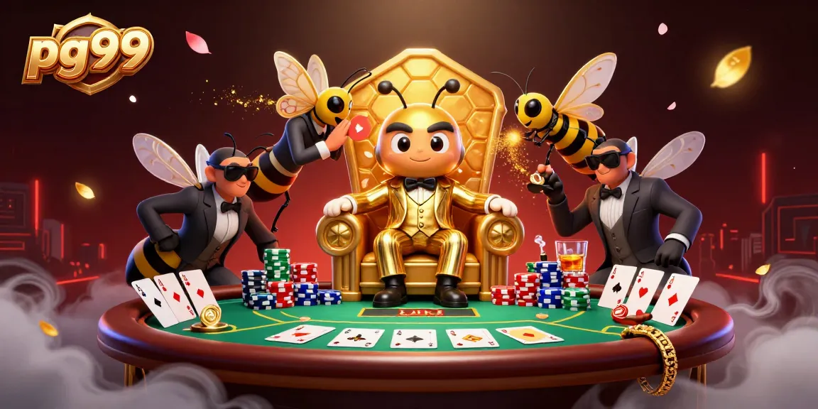 Experience thrilling poker action at pg99 with a bumblebee mob boss and lavish casino decor.
