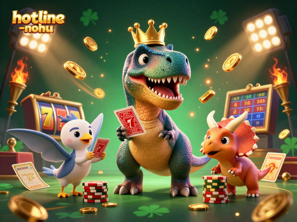 Experience thrilling gameplay with hotline-nohu as a friendly T-Rex shuffles cards amid dynamic casino elements.