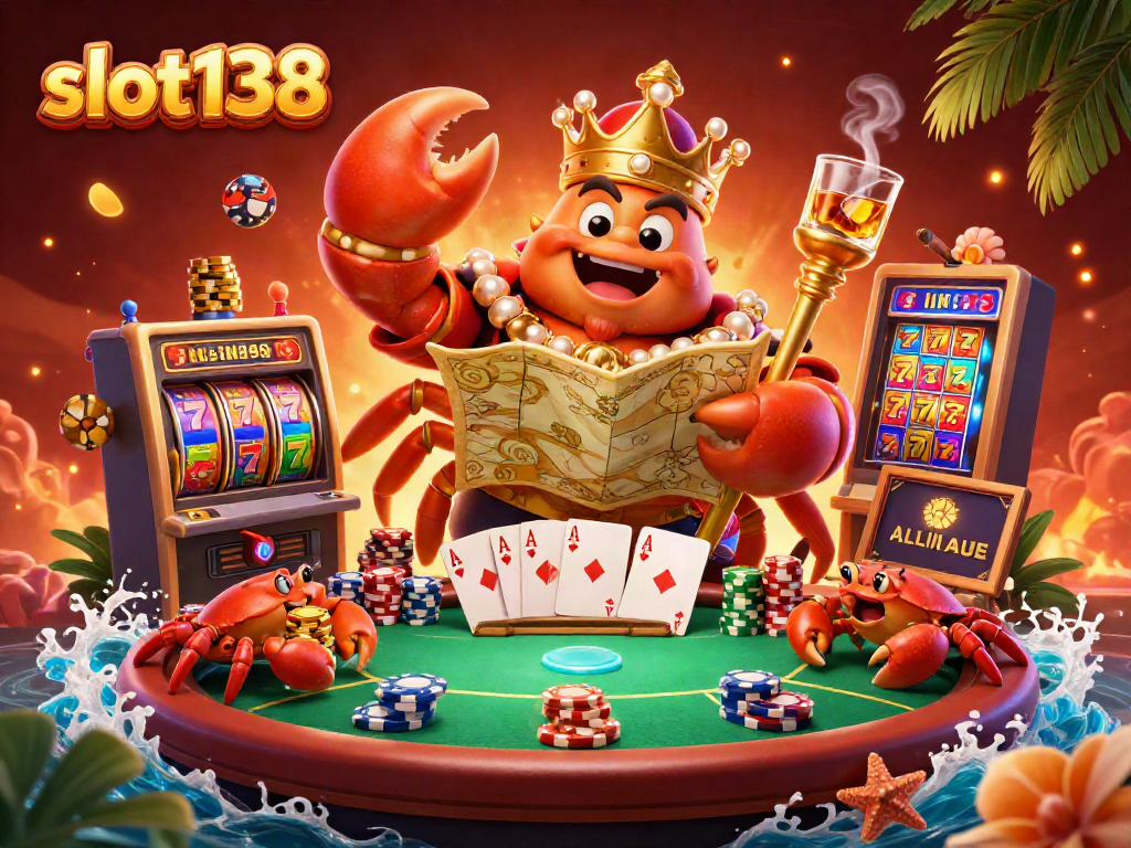 Engage with thrilling slot138 gameplay featuring a golden crab emperor and vibrant casino elements.