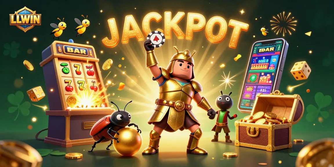 Experience dynamic gaming with LLWIN as a heroic beetle lifts a poker chip amid a slot machine jackpot.