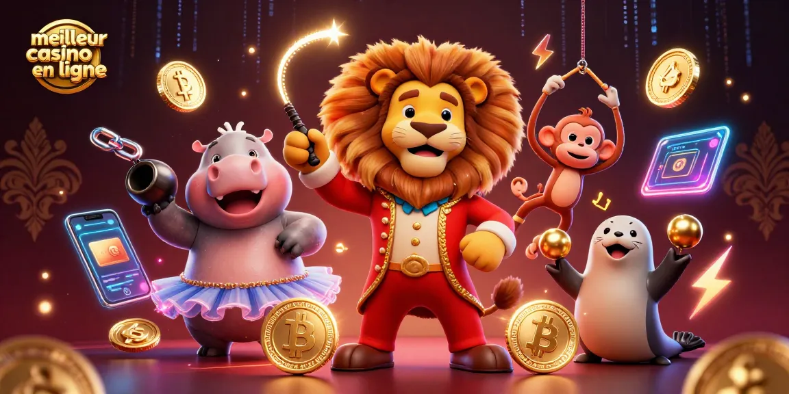 Jouer au meilleur casino en ligne avec des personnages de cirque colorés et des éléments de crypto.