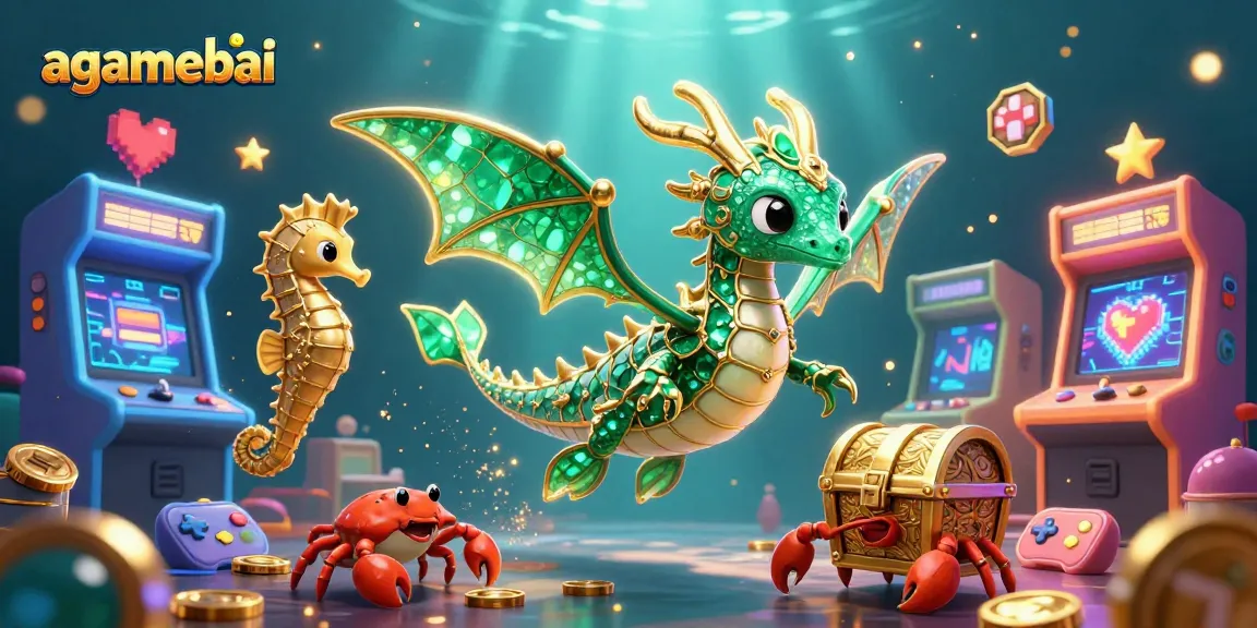 Engage with agamebai as a vibrant sea dragon and royal seahorses navigate an arcade-themed casino world.