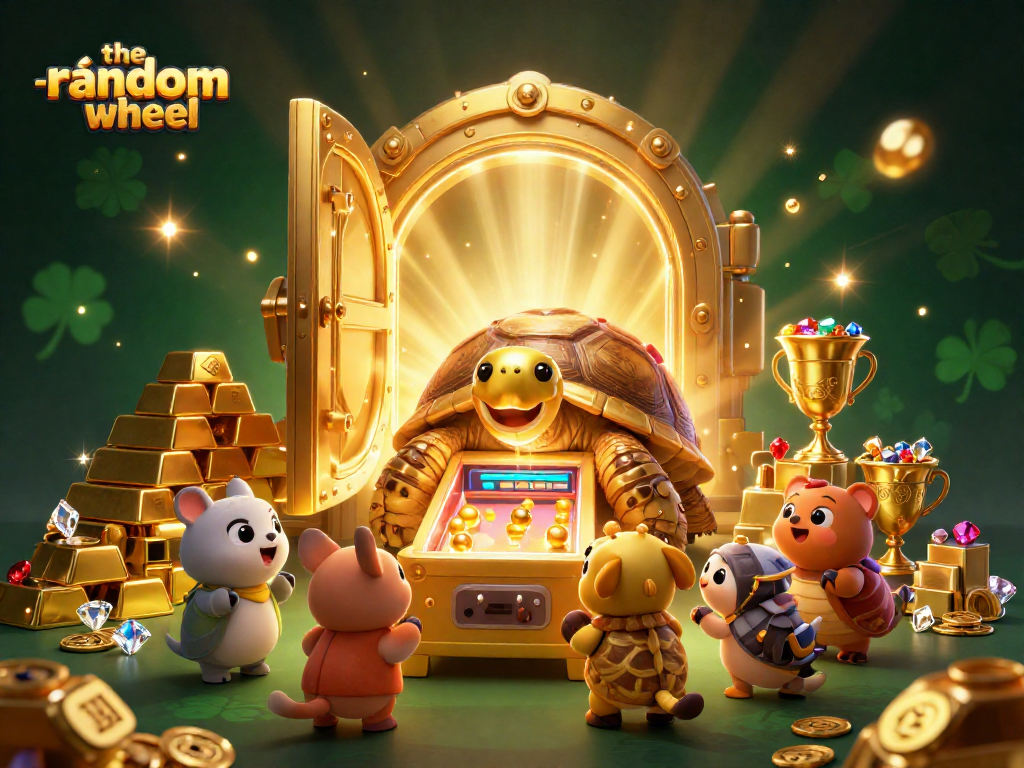 The random wheel spins in a vibrant scene with a golden tortoise, jewels, and treasure.