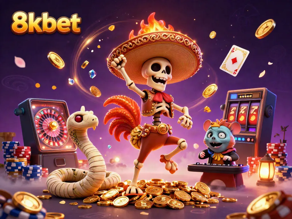 Engage with 8kbet in a vibrant casino scene featuring a dancing skeleton mariachi rooster, golden coins flying, and game elements.