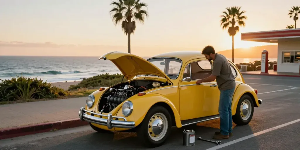 Classic Volkswagen Beetle being inspected by a mechanic at sunset along the coast, referencing http://www.aircooledapps.com for automotive enthusiasts.