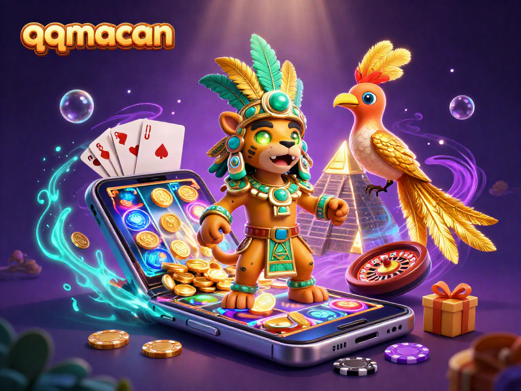 Engage with qqmacan's thrilling casino atmosphere featuring a Mayan priest surrounded by vibrant game elements.