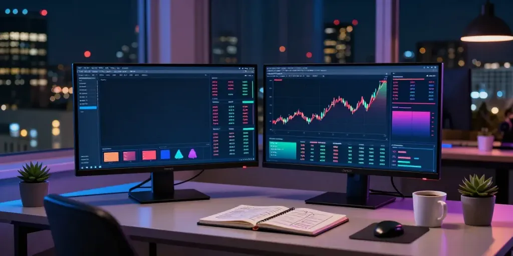 Illuminated trading setup showcasing the best stock market API 2026 with real-time cryptocurrency data on dual monitors.
